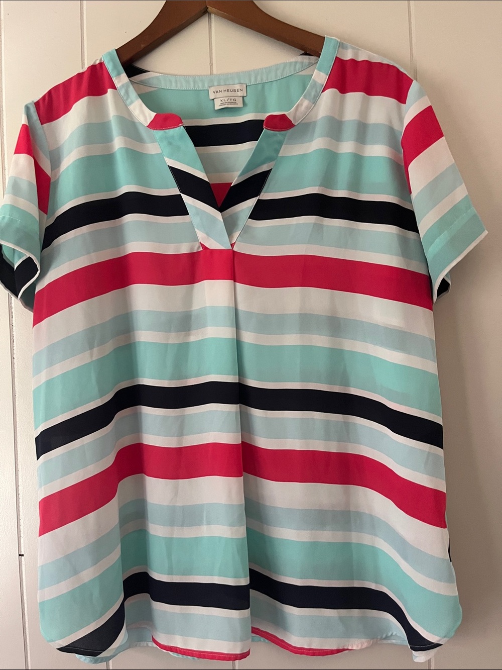 Van Heusen Striped Short-Sleeve Tunic in Mint, Pink & Navy